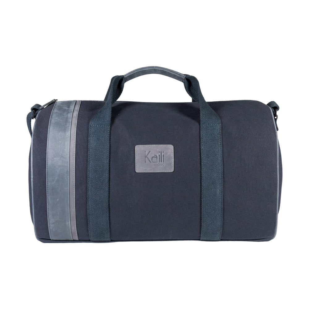 K2006DF | Travel Duffel Bag in 100% Cotton Canvas / Genuine Full-Grain Leather, Naked - Color: Blue, Zip Closure. Dimensions: 45 x 25 x 28 cm - Packaging: Non-woven Bag-1