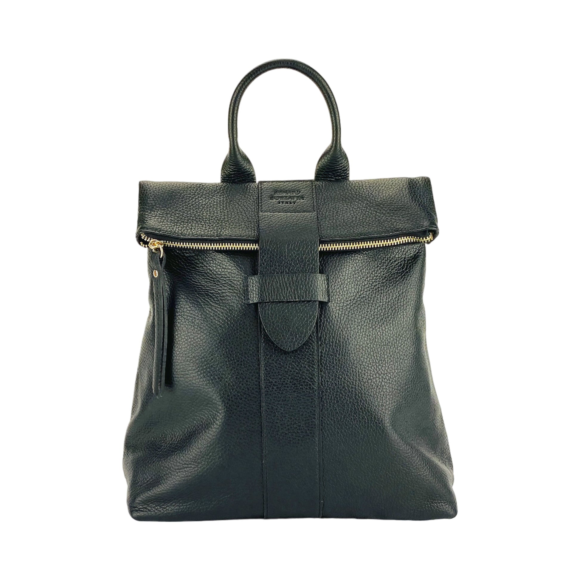 RB1021A | Women's Soft Genuine Leather Backpack Made in Italy with Adjustable Shoulder Straps. Zipper and Polished Gold Metal Accessories - Black Color - Dimensions: 30 x 34 x 10.5 cm-2