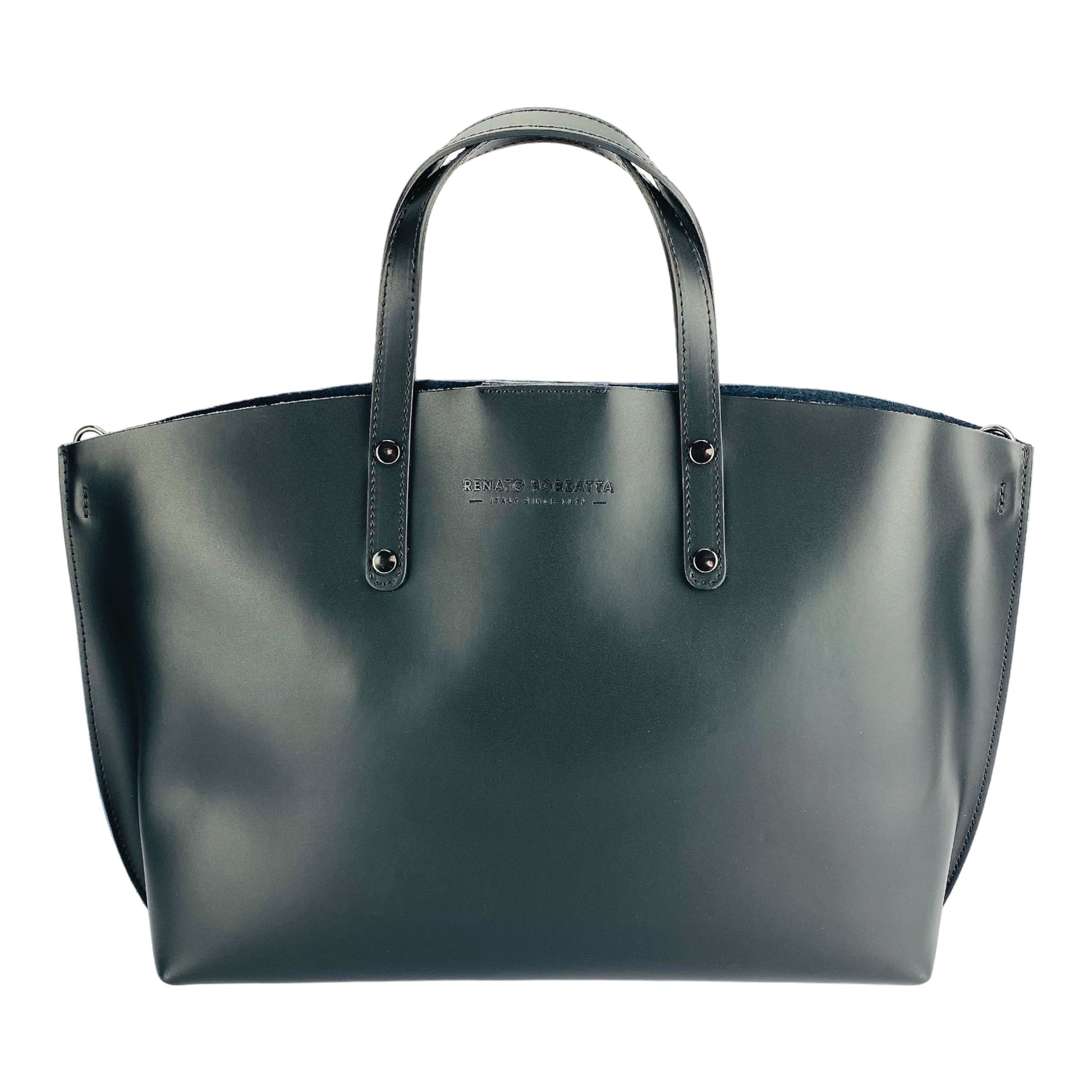 RB1024A | Women's Genuine Leather Handbag Made in Italy with removable shoulder strap. Large removable internal pouch. Polished Gunmetal Accessories - Black Color - Dimensions: 48x31x11 cm-1