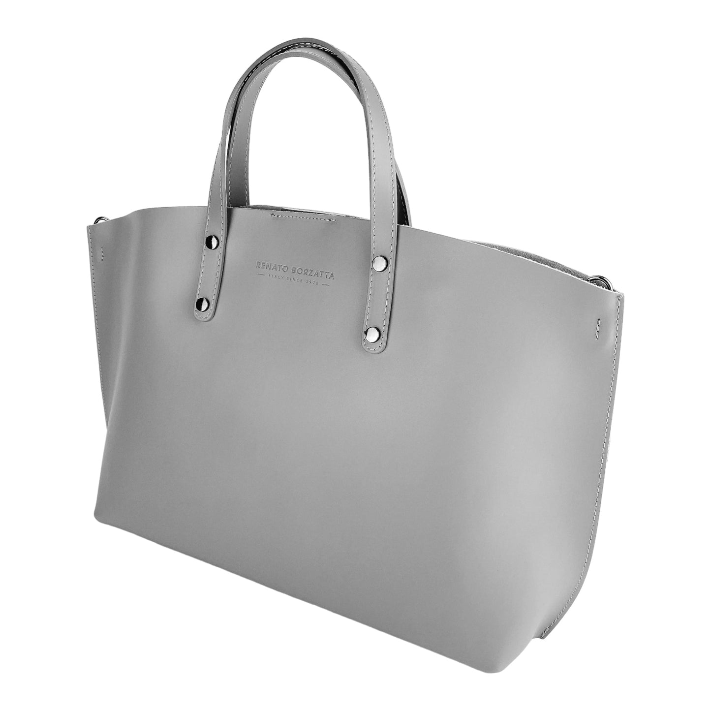 RB1024F | Borsa Donna a Mano in Vera Pelle Made in Italy con tracolla removibile. Sacca grande interna estraibile. Accessori Canna di Fucile Lucido - Colore Grigio - Dimensioni: cm 48x31x11-2