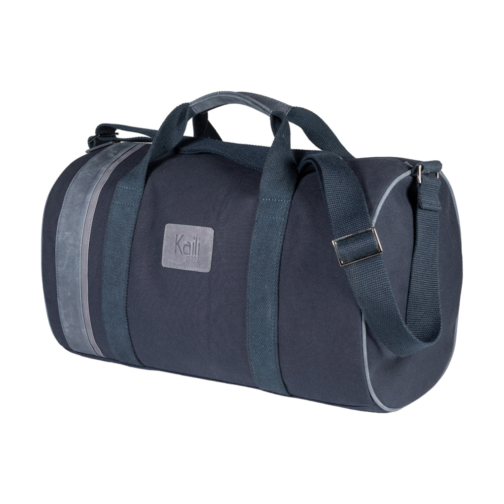K2006DF | Travel Duffel Bag in 100% Cotton Canvas / Genuine Full-Grain Leather, Naked - Color: Blue, Zip Closure. Dimensions: 45 x 25 x 28 cm - Packaging: Non-woven Bag-0