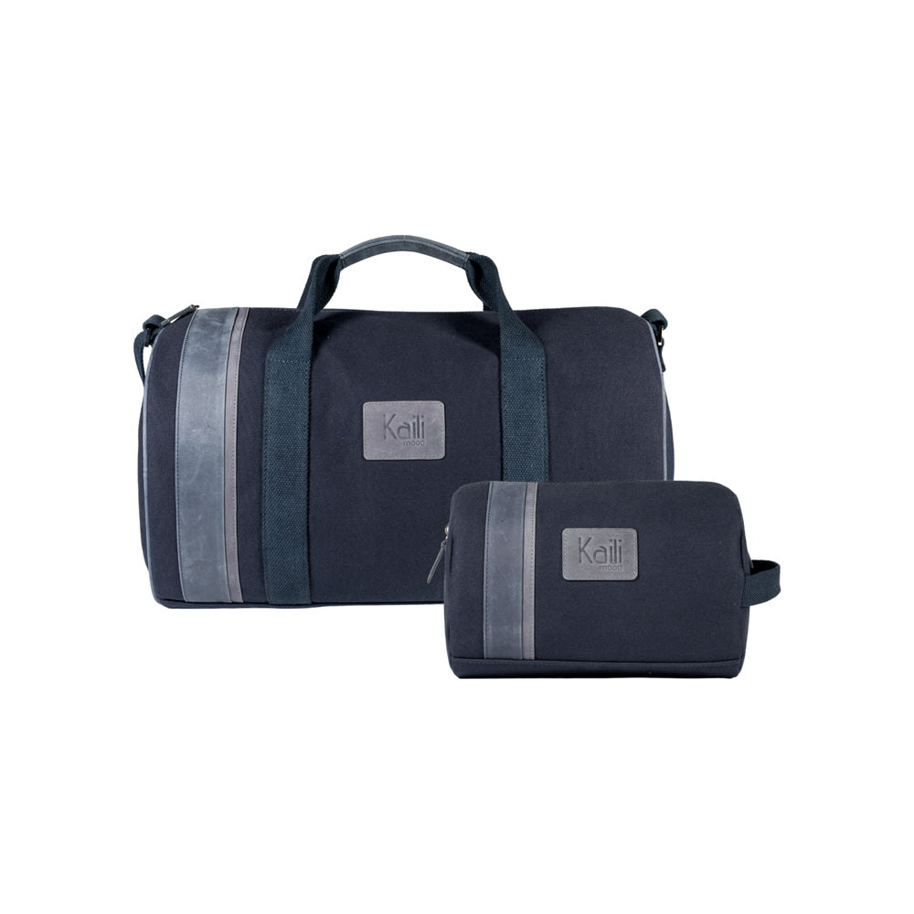 K2006DF | Travel Duffel Bag in 100% Cotton Canvas / Genuine Full-Grain Leather, Naked - Color: Blue, Zip Closure. Dimensions: 45 x 25 x 28 cm - Packaging: Non-woven Bag-3