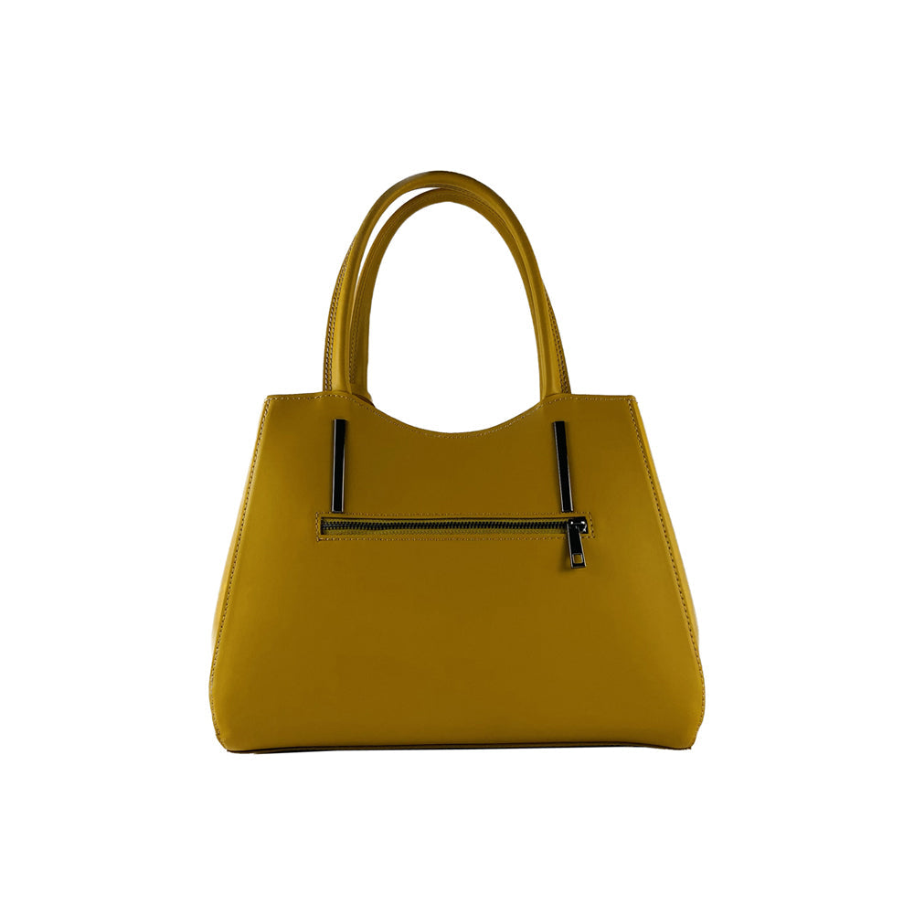 RB1004R | Genuine Leather Handbag Made in Italy with Removable Shoulder Strap and Metal Snap Hook Attachments - Gunmetal - Mustard Color - Dimensions: 33 x 25 x 15 cm + Handles 13 cm-1