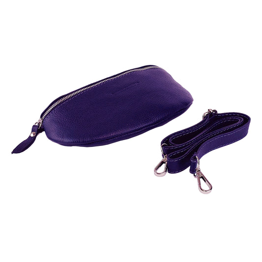 RB1015Y | Genuine Leather Bum Bag with Removable Shoulder Strap Made in Italy. Polished Nickel Metal Snap Hook Attachments. Purple Color. Dimensions: 24 x 14 x 7 cm.-0