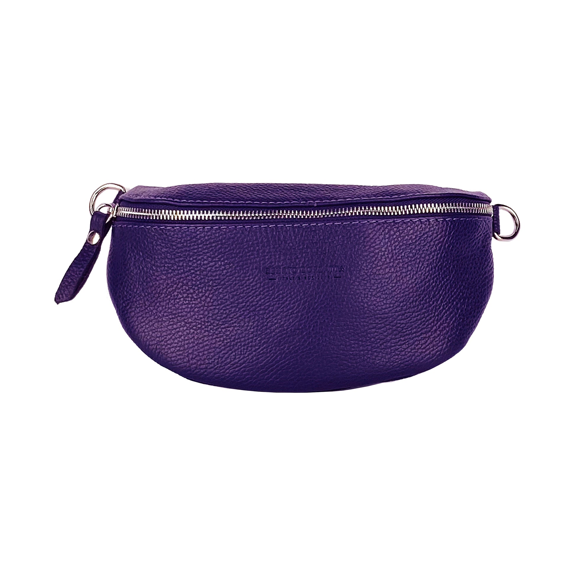RB1015Y | Genuine Leather Bum Bag with Removable Shoulder Strap Made in Italy. Polished Nickel Metal Snap Hook Attachments. Purple Color. Dimensions: 24 x 14 x 7 cm.-1