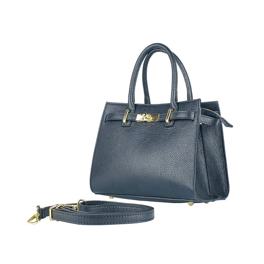 RB1016A | Women's Genuine Leather Handbag Made in Italy with Removable Shoulder Strap. Attachments with Shiny Gold Metal Snap Hooks - Color: Black - Dimensions: 28 x 20 x 14 + 12.5 cm-0