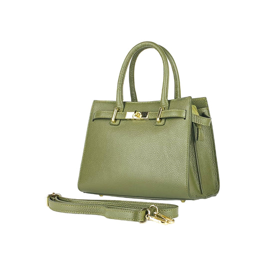 RB1016AG | Women's Genuine Leather Handbag Made in Italy with Removable Shoulder Strap. Polished Gold Metal Snap Hooks - Olive Green Color - Dimensions: 28 x 20 x 14 + 12.5 cm-0