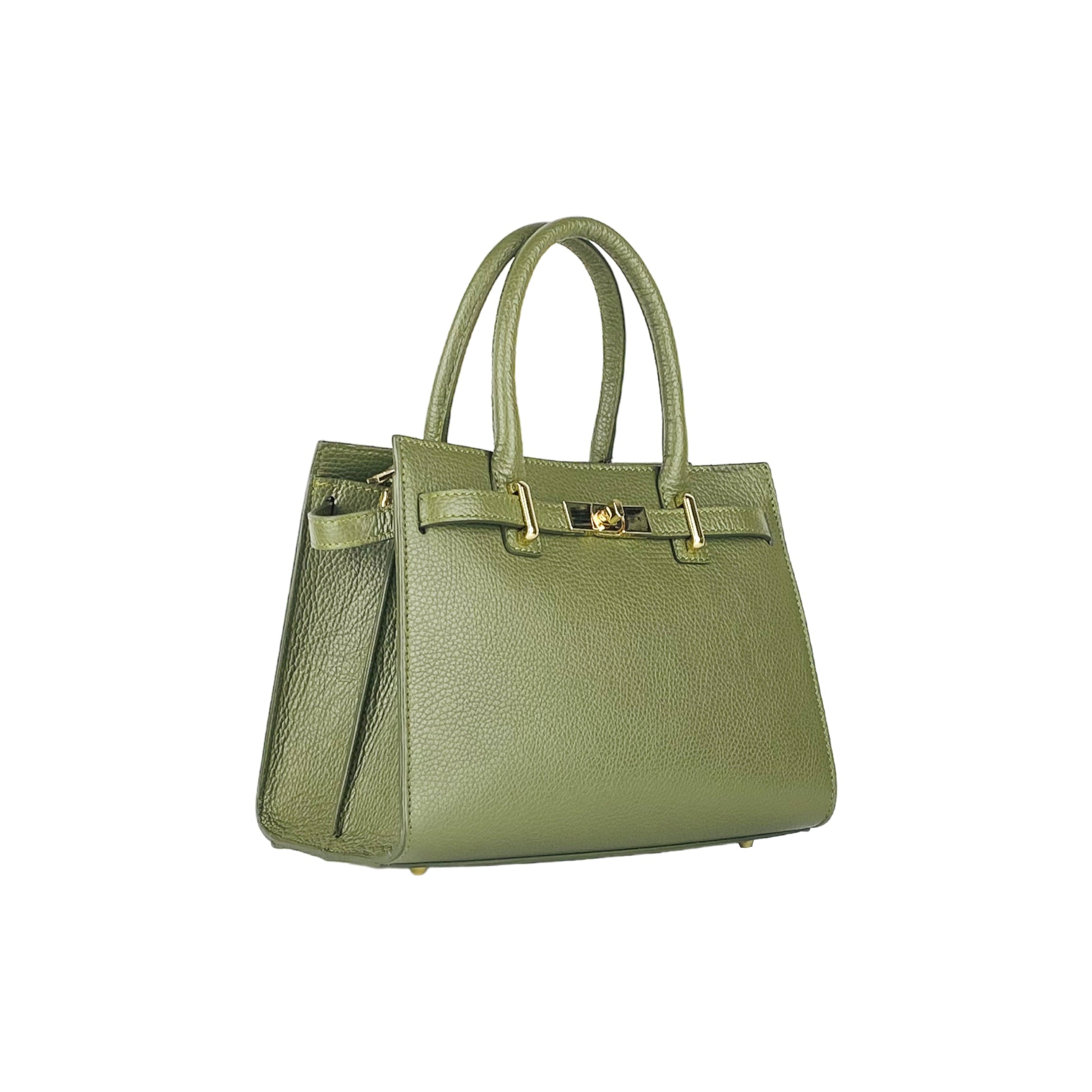 RB1016AG | Women's Genuine Leather Handbag Made in Italy with Removable Shoulder Strap. Polished Gold Metal Snap Hooks - Olive Green Color - Dimensions: 28 x 20 x 14 + 12.5 cm-1