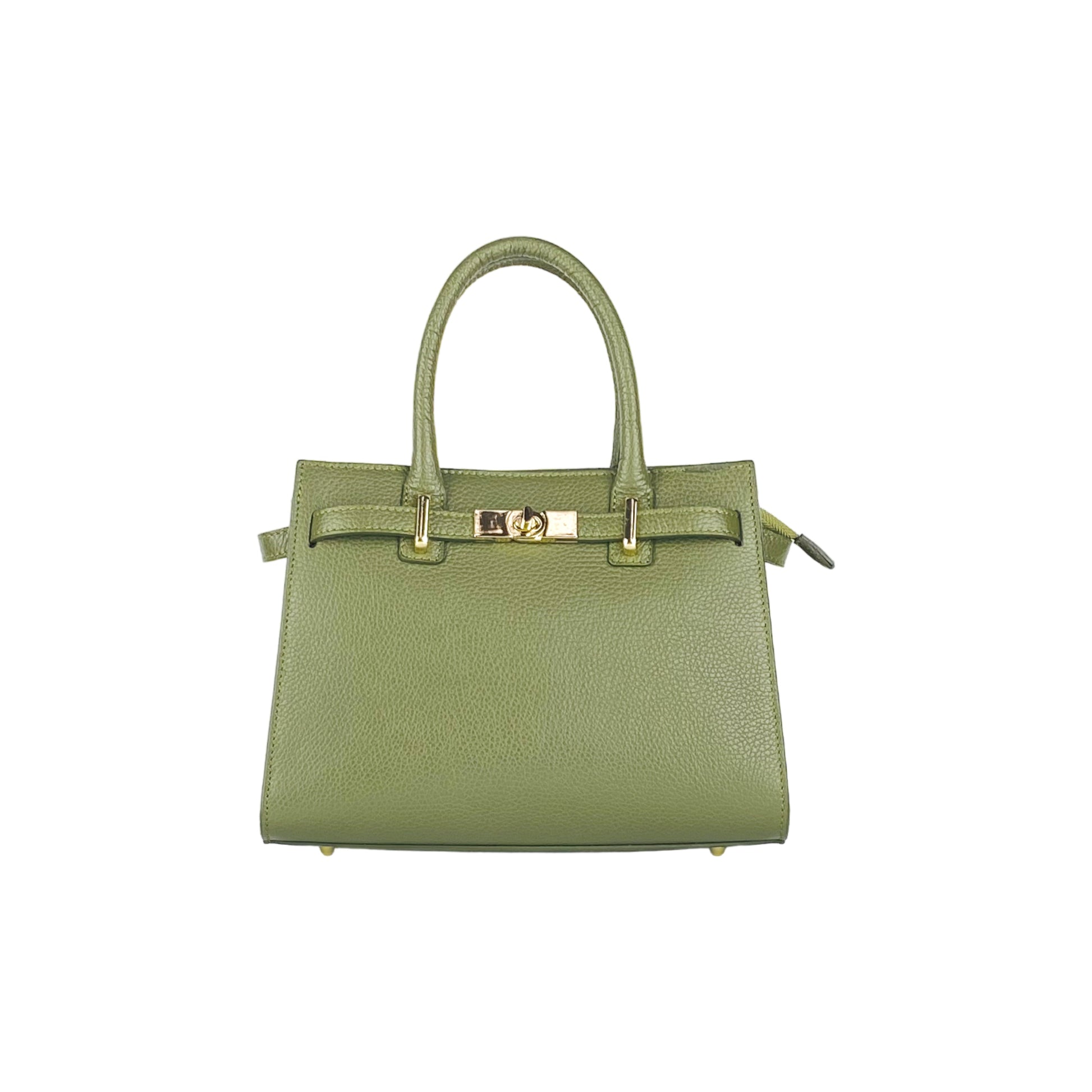 RB1016AG | Women's Genuine Leather Handbag Made in Italy with Removable Shoulder Strap. Polished Gold Metal Snap Hooks - Olive Green Color - Dimensions: 28 x 20 x 14 + 12.5 cm-2