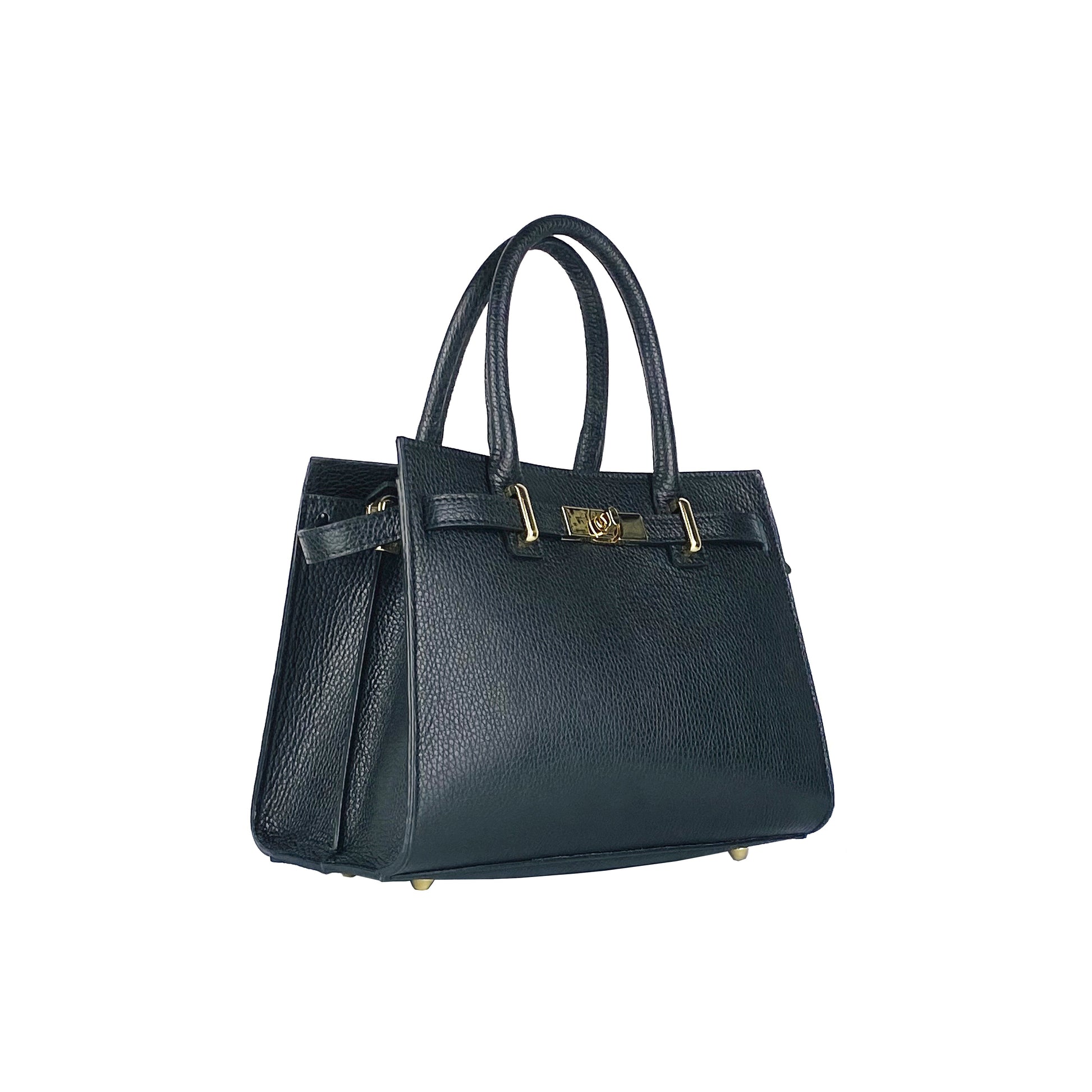 RB1016A | Women's Genuine Leather Handbag Made in Italy with Removable Shoulder Strap. Attachments with Shiny Gold Metal Snap Hooks - Color: Black - Dimensions: 28 x 20 x 14 + 12.5 cm-1