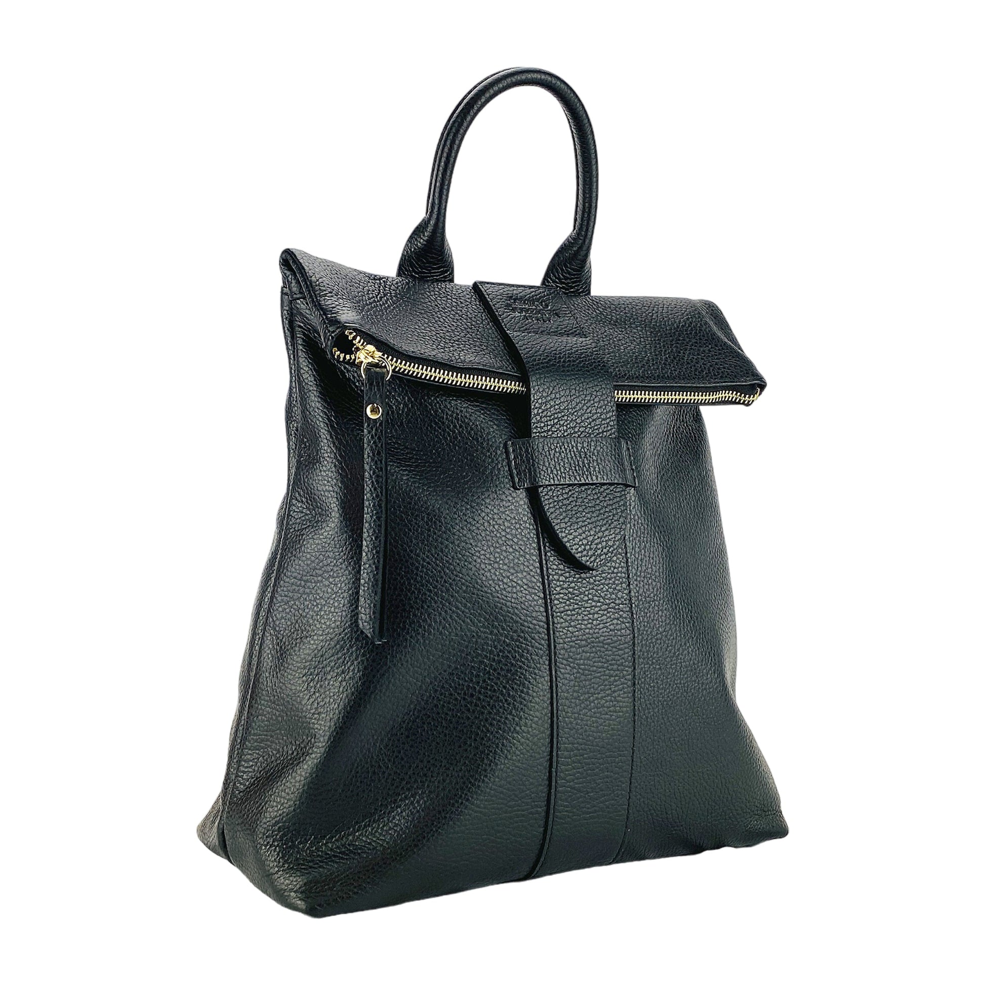 RB1021A | Women's Soft Genuine Leather Backpack Made in Italy with Adjustable Shoulder Straps. Zipper and Polished Gold Metal Accessories - Black Color - Dimensions: 30 x 34 x 10.5 cm-0