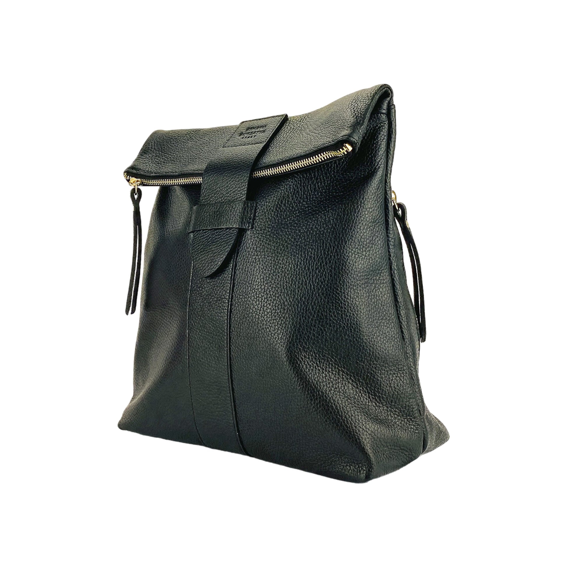 RB1021A | Women's Soft Genuine Leather Backpack Made in Italy with Adjustable Shoulder Straps. Zipper and Polished Gold Metal Accessories - Black Color - Dimensions: 30 x 34 x 10.5 cm-1