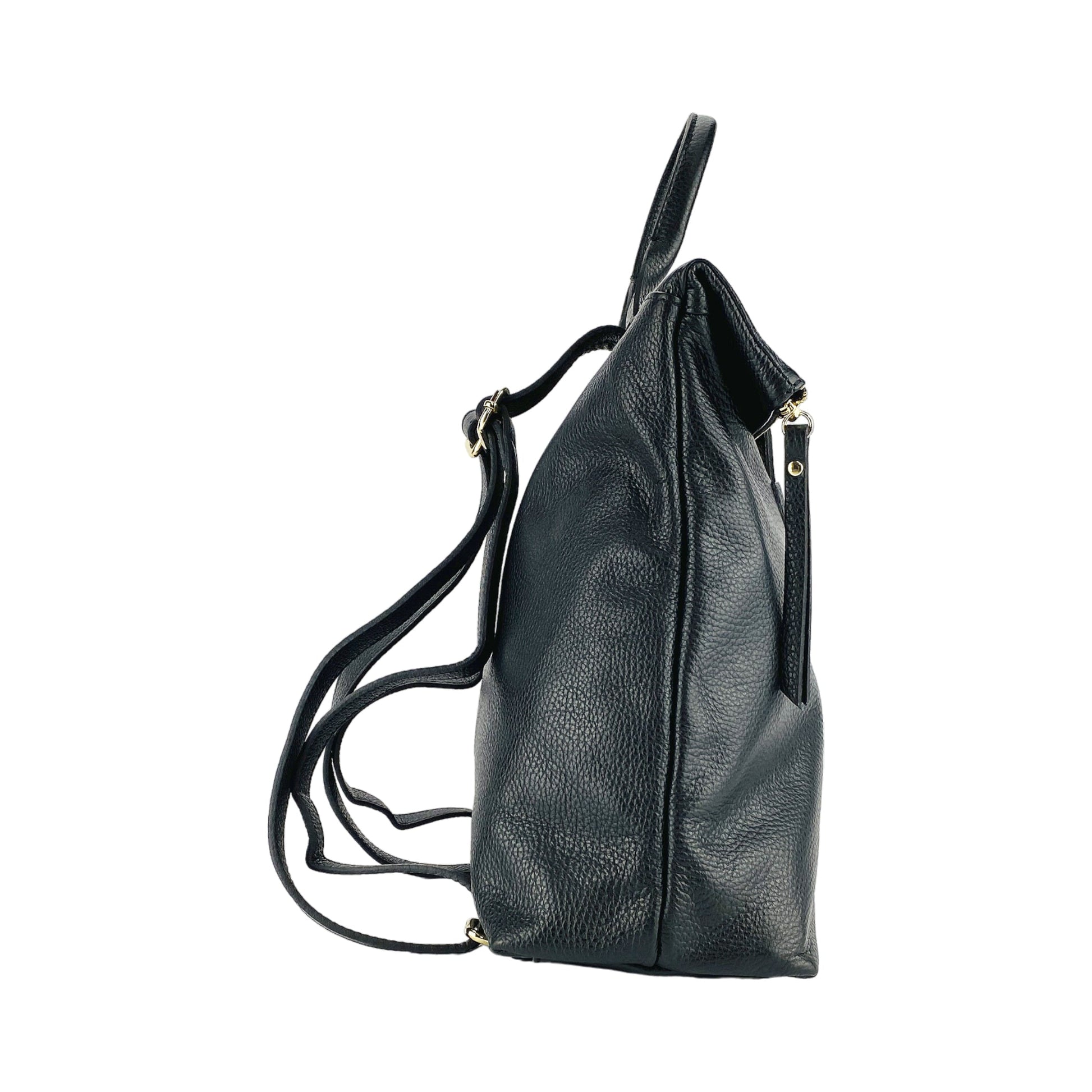 RB1021A | Women's Soft Genuine Leather Backpack Made in Italy with Adjustable Shoulder Straps. Zipper and Polished Gold Metal Accessories - Black Color - Dimensions: 30 x 34 x 10.5 cm-3
