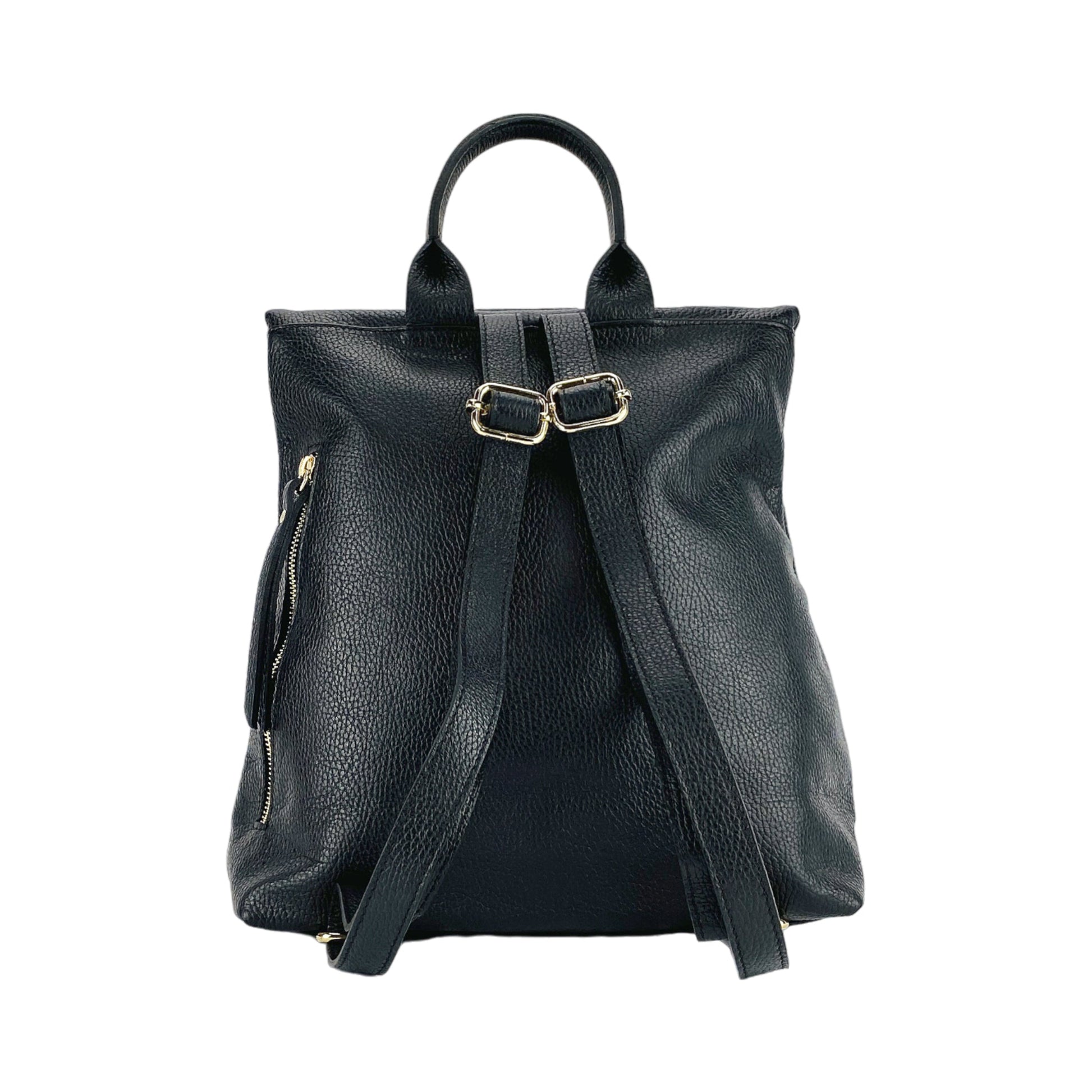 RB1021A | Women's Soft Genuine Leather Backpack Made in Italy with Adjustable Shoulder Straps. Zipper and Polished Gold Metal Accessories - Black Color - Dimensions: 30 x 34 x 10.5 cm-4