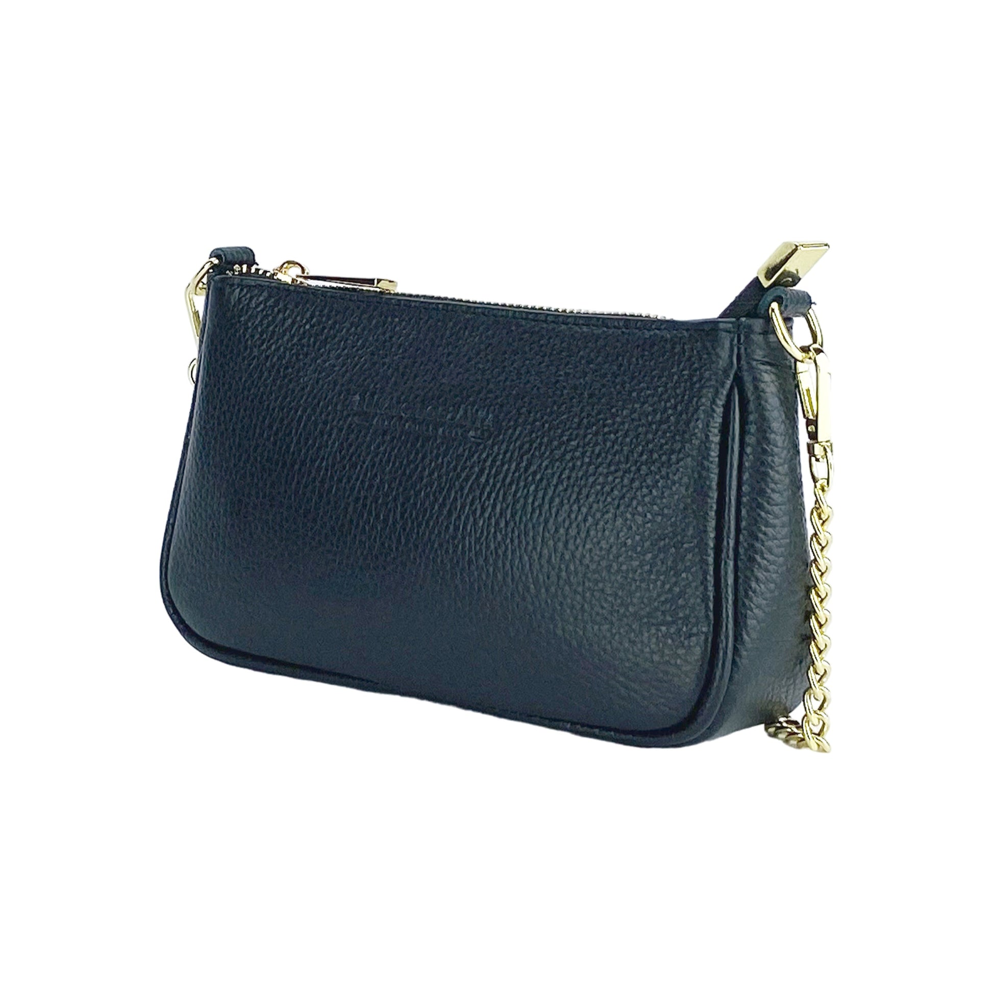 RB1022A | Small Genuine Leather Bag Made in Italy with Removable Chain Shoulder Strap. Zip Closure and Polished Gold Metal Accessories. Color: Black. Dimensions: 20 x 12 x 6 cm.-0
