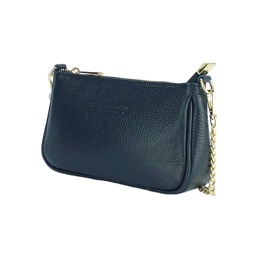 RB1022A | Small Genuine Leather Bag Made in Italy with Removable Chain Shoulder Strap. Zip Closure and Polished Gold Metal Accessories. Color: Black. Dimensions: 20 x 12 x 6 cm.-0