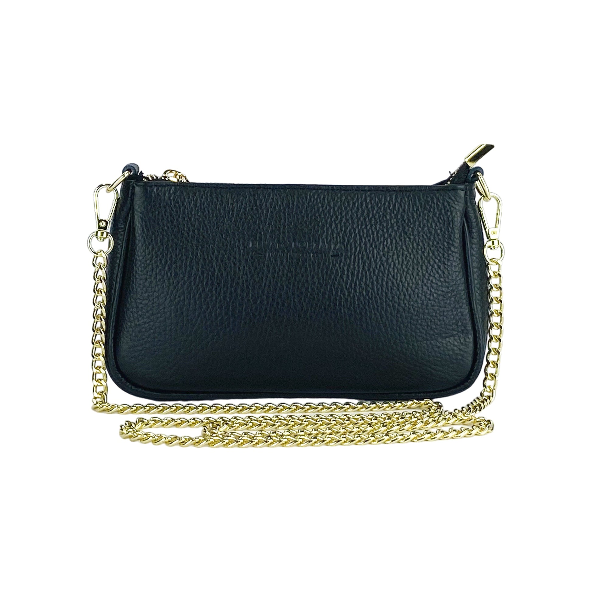 RB1022A | Small Genuine Leather Bag Made in Italy with Removable Chain Shoulder Strap. Zip Closure and Polished Gold Metal Accessories. Color: Black. Dimensions: 20 x 12 x 6 cm.-1