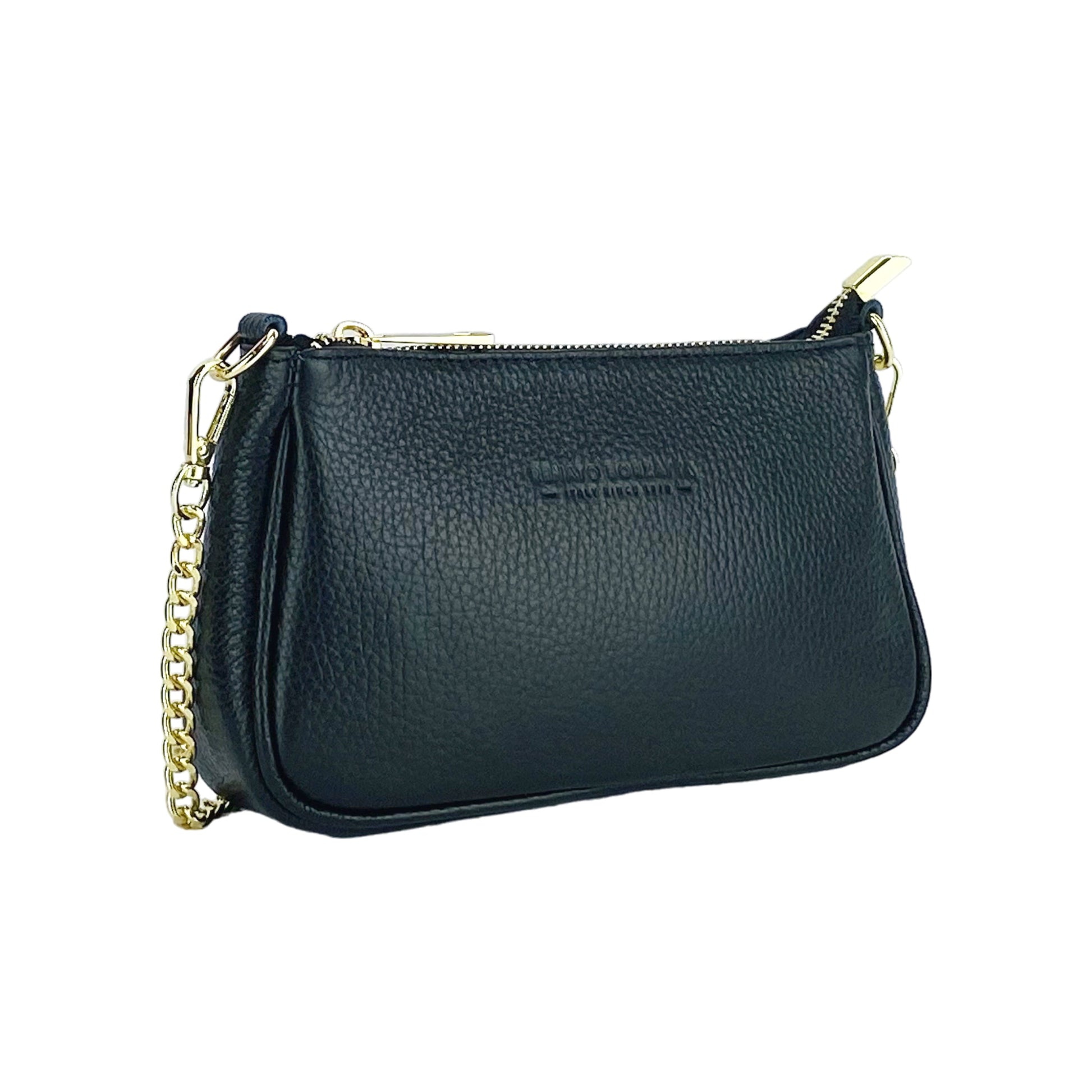 RB1022A | Small Genuine Leather Bag Made in Italy with Removable Chain Shoulder Strap. Zip Closure and Polished Gold Metal Accessories. Color: Black. Dimensions: 20 x 12 x 6 cm.-2