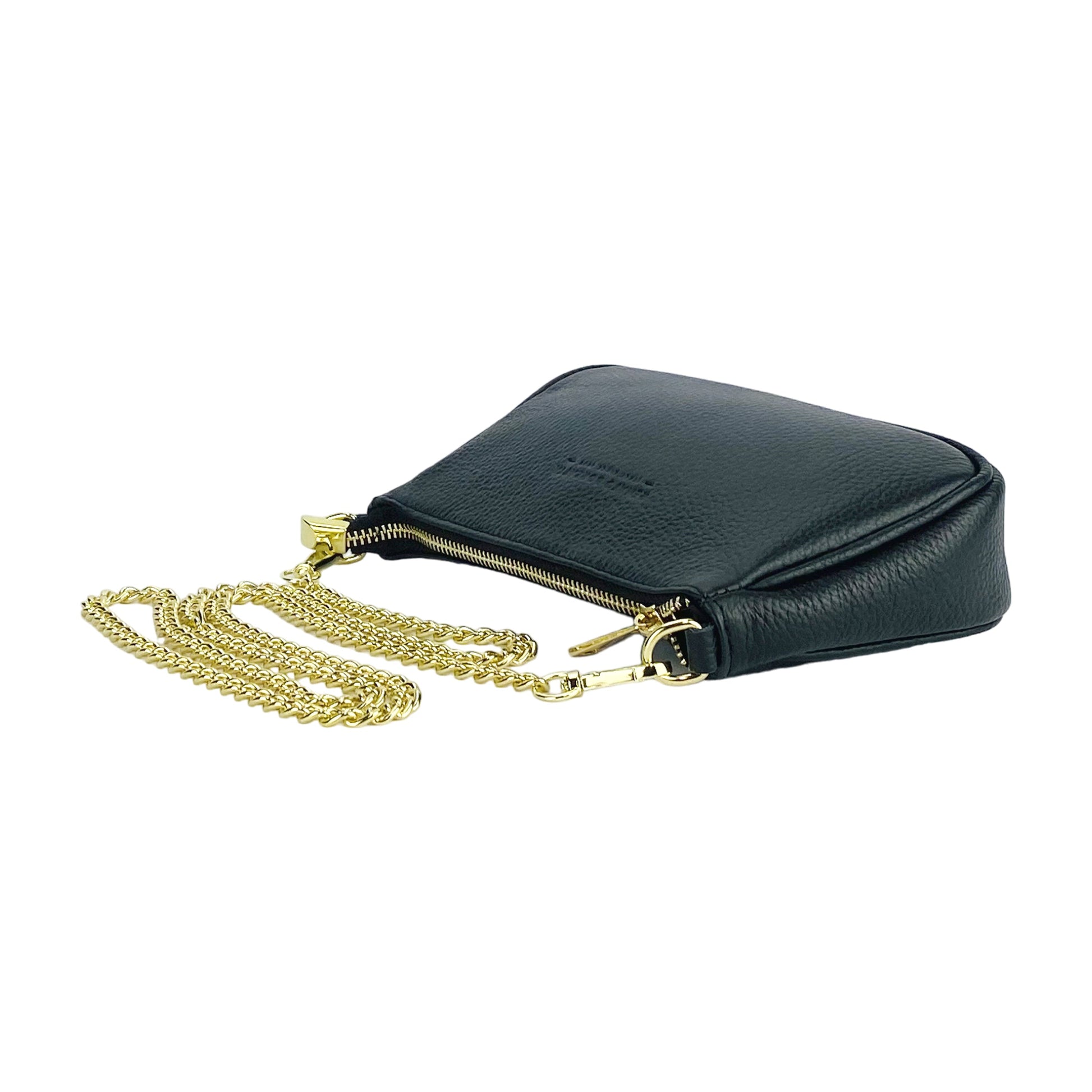 RB1022A | Small Genuine Leather Bag Made in Italy with Removable Chain Shoulder Strap. Zip Closure and Polished Gold Metal Accessories. Color: Black. Dimensions: 20 x 12 x 6 cm.-3