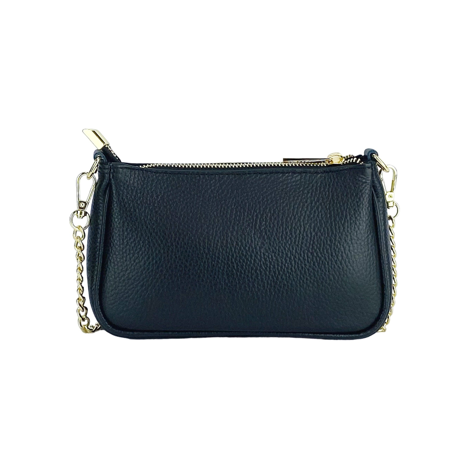 RB1022A | Small Genuine Leather Bag Made in Italy with Removable Chain Shoulder Strap. Zip Closure and Polished Gold Metal Accessories. Color: Black. Dimensions: 20 x 12 x 6 cm.-4