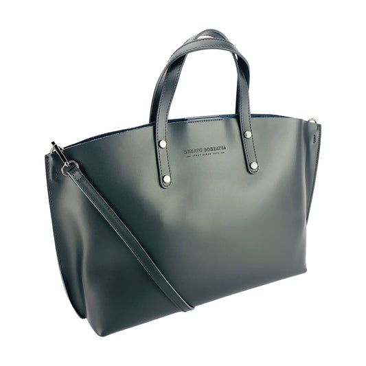 RB1024A | Women's Genuine Leather Handbag Made in Italy with removable shoulder strap. Large removable internal pouch. Polished Gunmetal Accessories - Black Color - Dimensions: 48x31x11 cm-0
