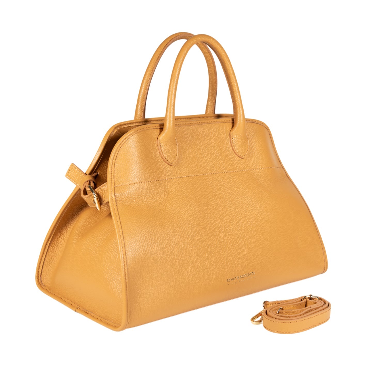 RB1032CQ | Borsa a Mano Donna FRIDA in Vera Pelle Made in Italy. Accessori in metallo Oro Lucido - Colore Cuoio - Dimensioni: cm 43 x 29 x 24 + 12 (Luce manici)-1